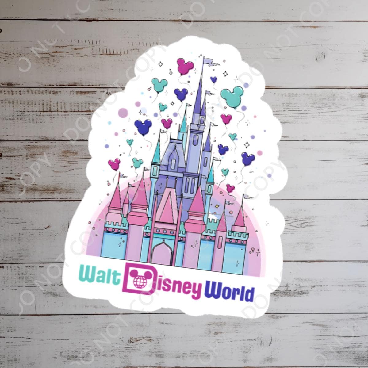 Disney Castle  World Sticker Waterproof Disney Laptop, Disneying Theme Park Vacation, Castle Park Mouse.  A colorful Walt Disney World sticker featuring Cinderella's castle. The castle is depicted in shades of pink, blue, and purple with green accents. The sticker includes heart-shaped and Mickey Mouse head-shaped decorations. The words 'Walt Disney World' are written in blue and white.