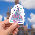 Disney Castle  World Sticker Waterproof Disney Laptop, Disneying Theme Park Vacation, Castle Park Mouse.  A colorful Walt Disney World sticker featuring Cinderella's castle. The castle is depicted in shades of pink, blue, and purple with green accents. The sticker includes heart-shaped and Mickey Mouse head-shaped decorations. The words 'Walt Disney World' are written in blue and white.