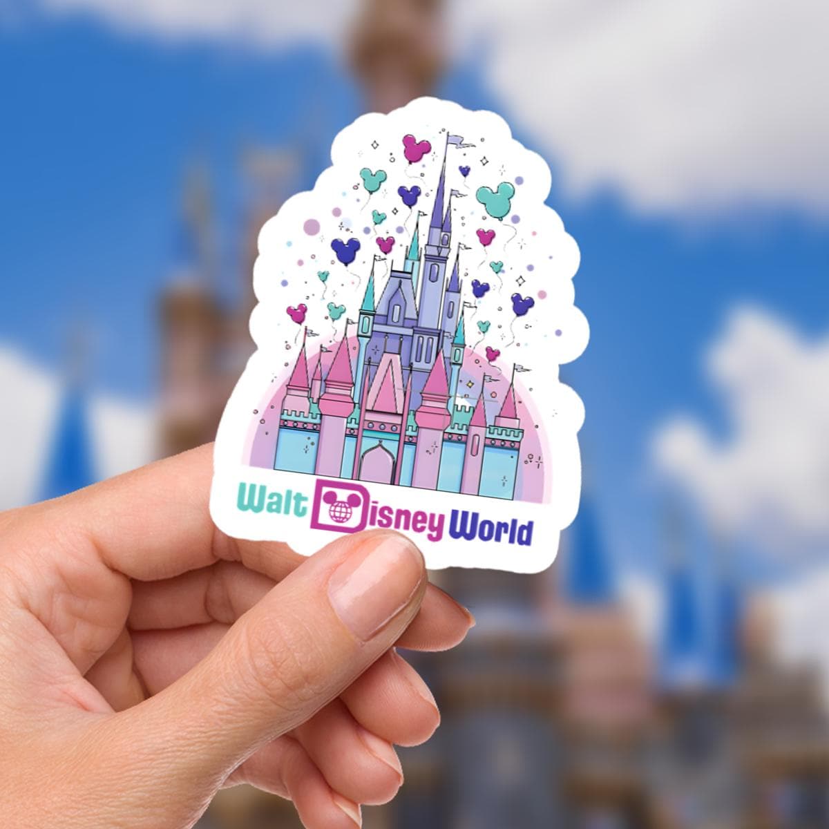 Disney Castle  World Sticker Waterproof Disney Laptop, Disneying Theme Park Vacation, Castle Park Mouse.  A colorful Walt Disney World sticker featuring Cinderella's castle. The castle is depicted in shades of pink, blue, and purple with green accents. The sticker includes heart-shaped and Mickey Mouse head-shaped decorations. The words 'Walt Disney World' are written in blue and white.