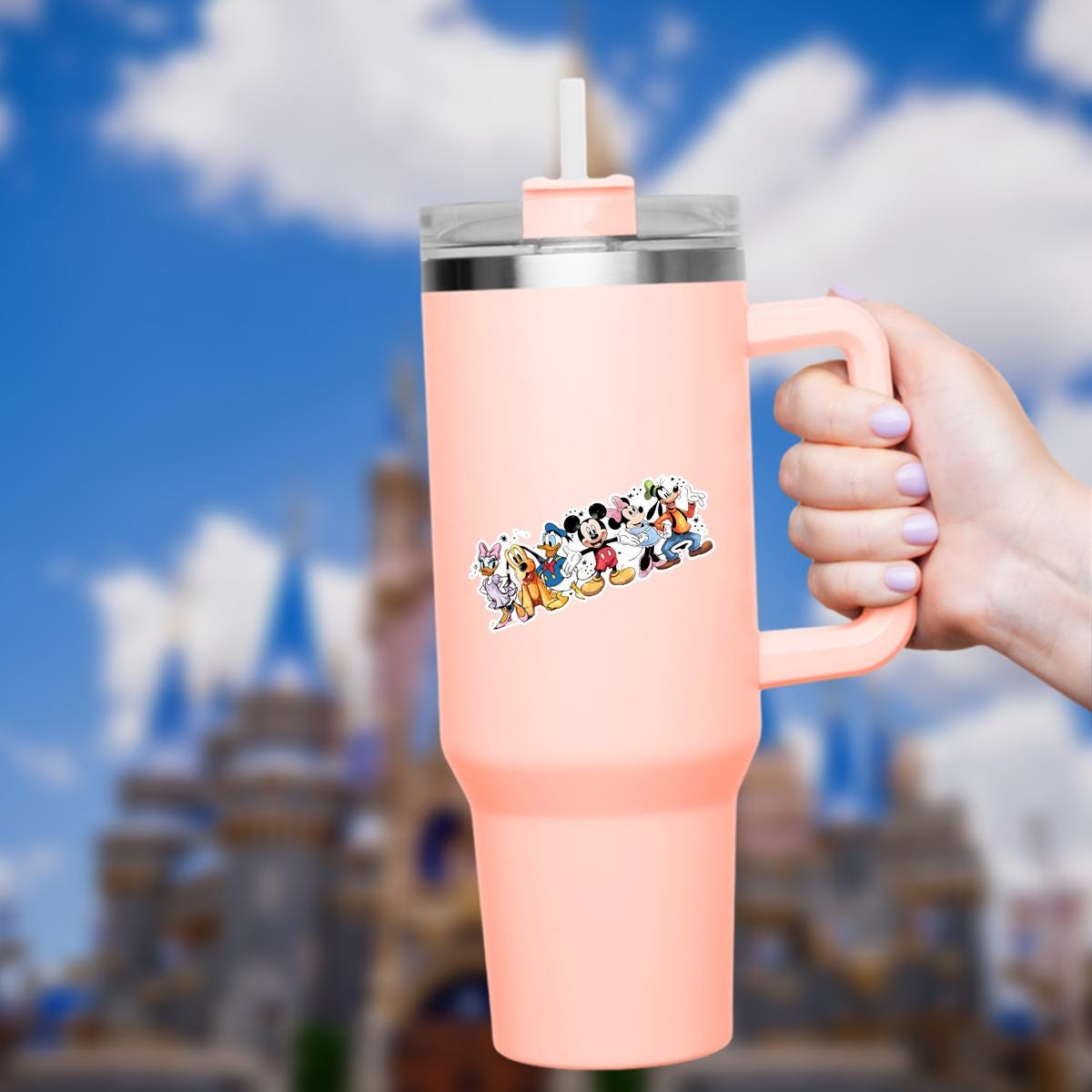A colorful sticker featuring Disney characters. The sticker showcases Daisy Duck in a purple dress, Pluto, Donald Duck, Mickey Mouse, Minnie Mouse, and Goofy. They are all smiling and standing together. Hydro bottle, water bottle, journal decal