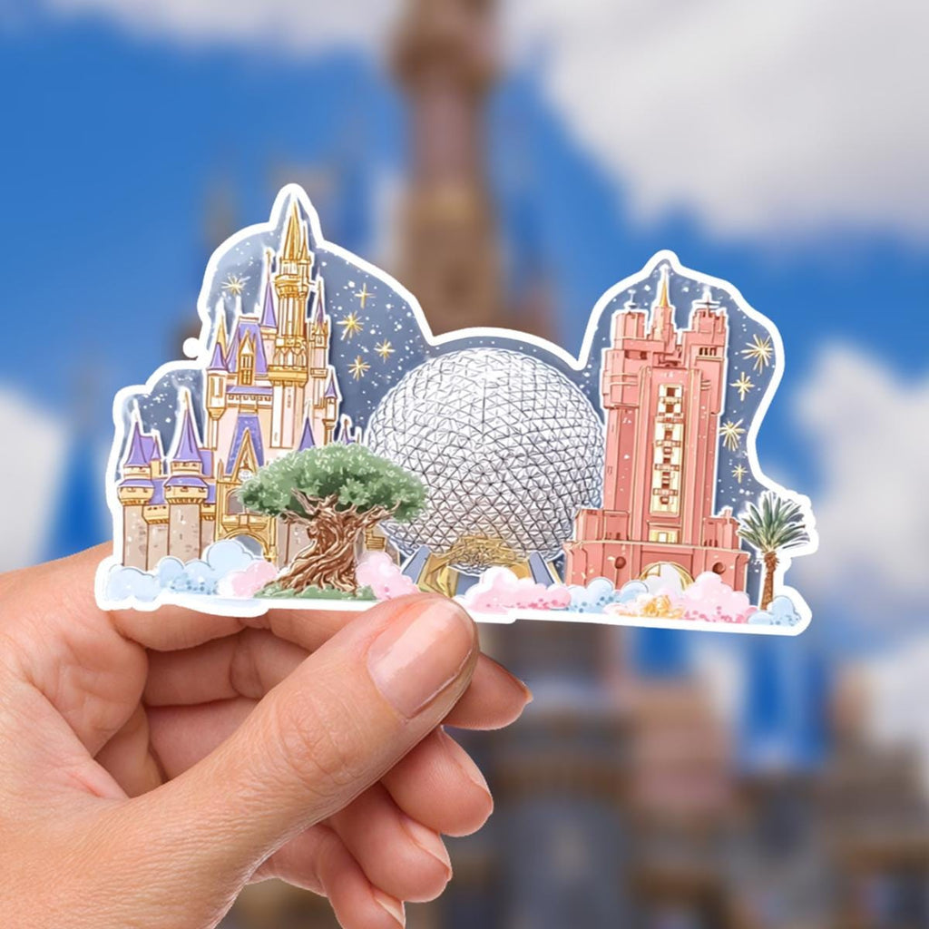 A colorful Disney-themed sticker featuring iconic park landmarks. The sticker showcases Cinderella's castle, Spaceship Earth, and the Tower of Terror, Hydro bottle,