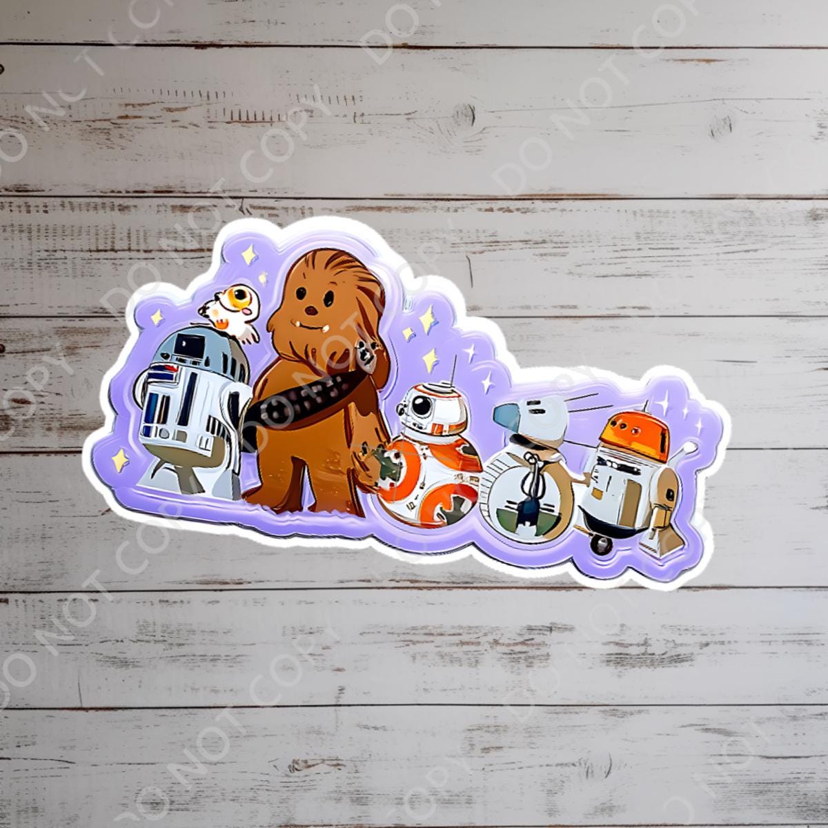 Star Wars character sticker  Chewbacca, R2-D2, BB-8, and other droids. The sticker has a purple outline with star accents.