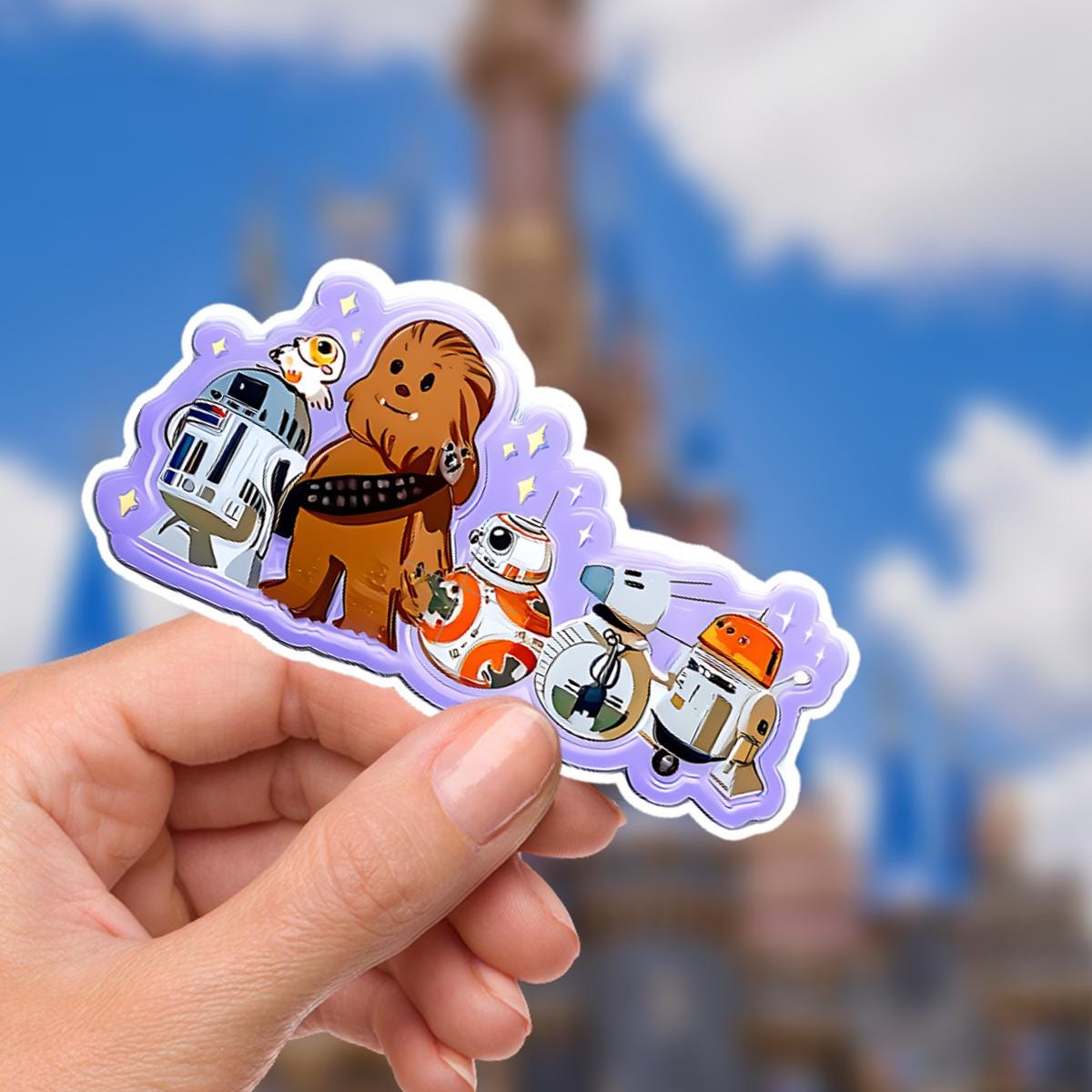 Star Wars character sticker  Chewbacca, R2-D2, BB-8, and other droids. The sticker has a purple outline with star accents.