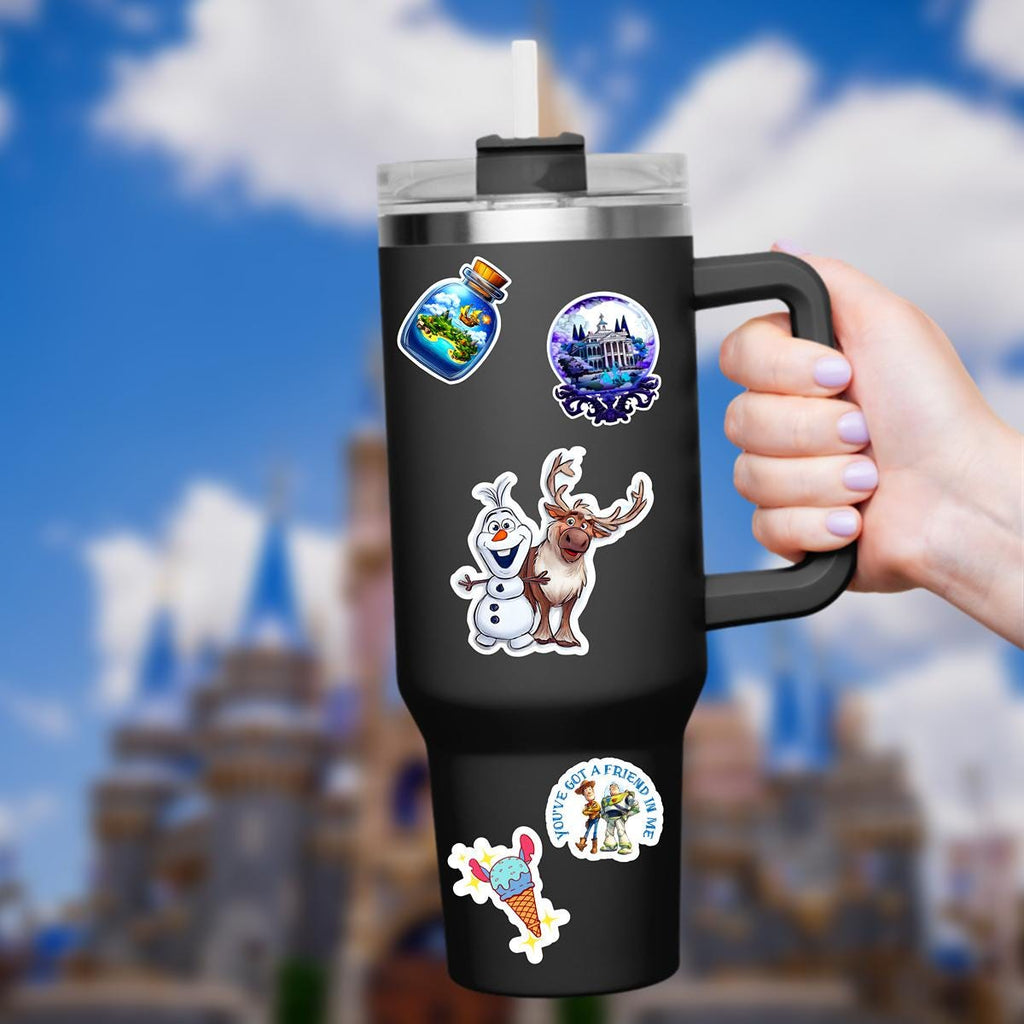Olaf with Sven Frophonelogozen Waterproof Disney Laptop Stickers  Frozen Sven disneymickey mouse planner stationery decal water bottle cell  A black tumbler adorned with colorful Disney-themed stickers. Stickers include Olaf and Sven from Frozen, a bottle with a miniature island, a Haunted Mansion design, a Stitch ice cream cone, and a 'You've Got a Friend in Me' sticker.