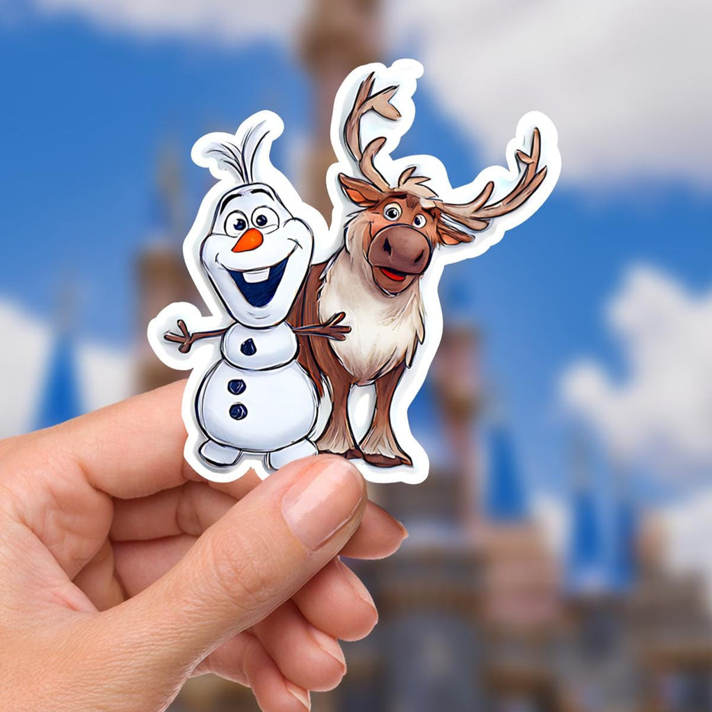 Olaf with Sven Frophonelogozen Waterproof Disney Laptop Stickers  Frozen Sven disneymickey mouse planner stationery decal water bottle cell A sticker featuring Olaf the snowman and Sven the reindeer from the Disney movie Frozen. Olaf is white with a carrot nose, black buttons, and a smiling face. Sven is brown with large antlers and a friendly expression. The sticker has a white border.