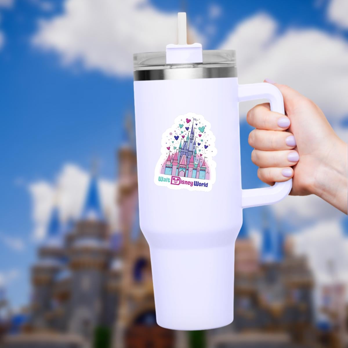 Disneyy Castle  World Sticker Waterproof Disney Laptop, Disneying Theme Park Vacation, Castle Park Mouse.  A colorful Walt Disney World sticker featuring Cinderella's castle. The castle is depicted in shades of pink, blue, and purple with green accents. The sticker includes heart-shaped and Mickey Mouse head-shaped decorations. The words 'Walt Disney World' are written in blue and white.