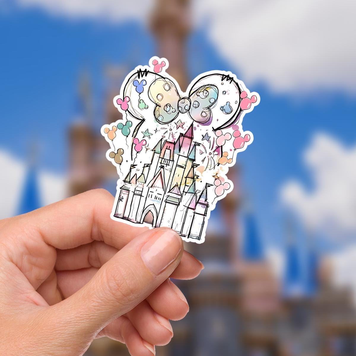 Magic Kingdom Castle Mickeyy Mouse  Laptop Sticker/ Walt Disney decal cell phone MickeyMouse planner stationery water bottle  A colorful Disney-themed sticker featuring a castle and Minnie Mouse bow. The castle is white with pink, yellow, and blue accents. The bow is white with a colorful polka dot pattern. Pink and yellow Mickey Mouse heads surround the bow and castle.