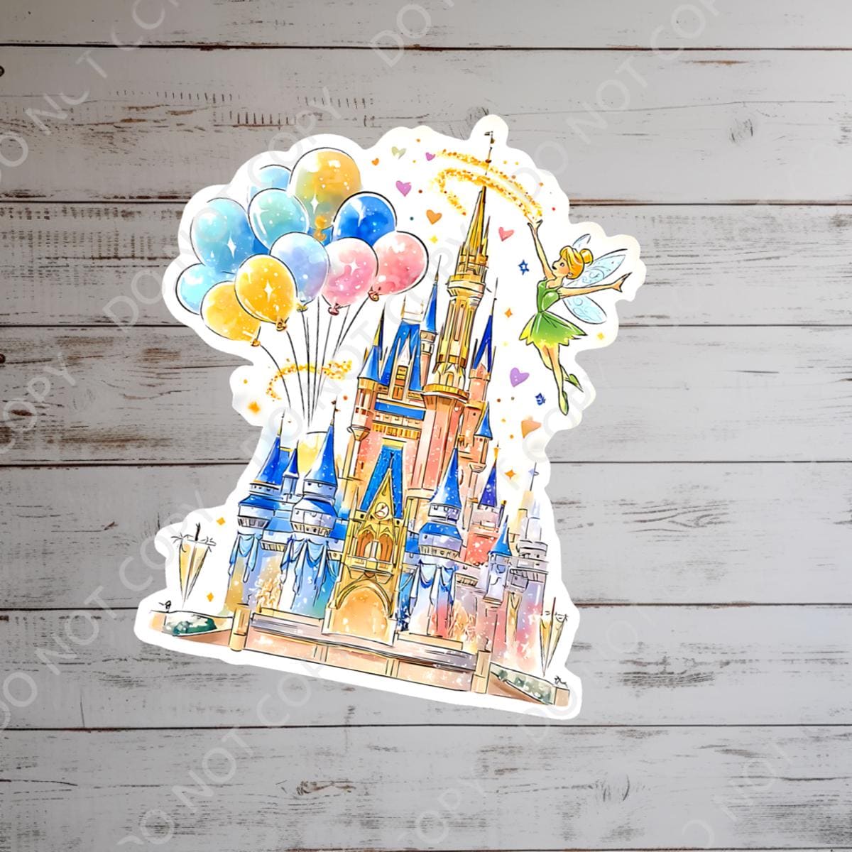 Disney World Castle Balloons TinkerBelle Laptop Sticker/ Magic Kingdom Fantasyland Disney decal/ planner water bottle cell phone decal A colorful Disney castle sticker held in a hand. The castle is painted with shades of blue, pink, and gold, featuring multiple turrets and a detailed facade. A fairy with green attire and wings hovers nearby, waving a wand. A cluster of balloons in yellow, blue, and pink floats above the castle.