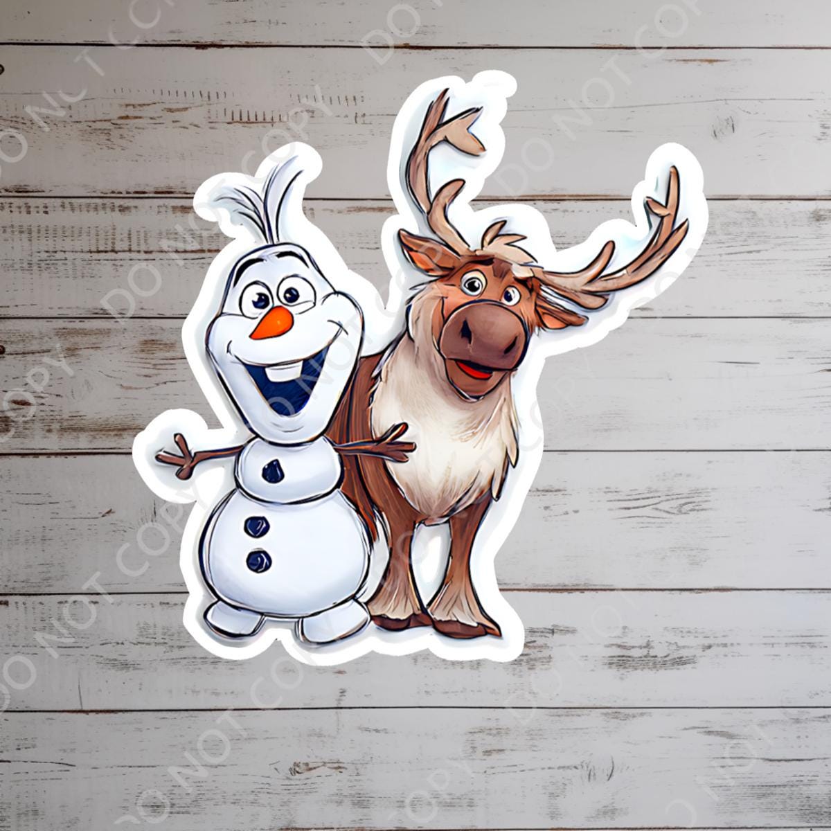 A sticker featuring Olaf the snowman and Sven the reindeer from the Disney movie Frozen. Olaf is white with a carrot nose, black coal eyes, and a wide smile. Sven is brown with large antlers and a friendly expression. The sticker has a white border.