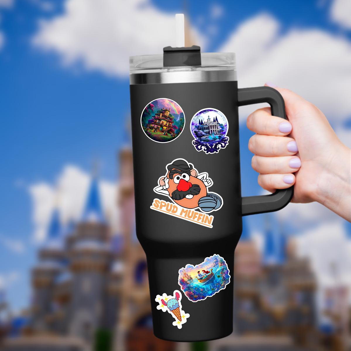 A Disney sticker featuring a cartoon character with a potato-shaped head, a black hat, mustache, and a red nose. The sticker has the text "SPUD MUFFIN" in orange letters.