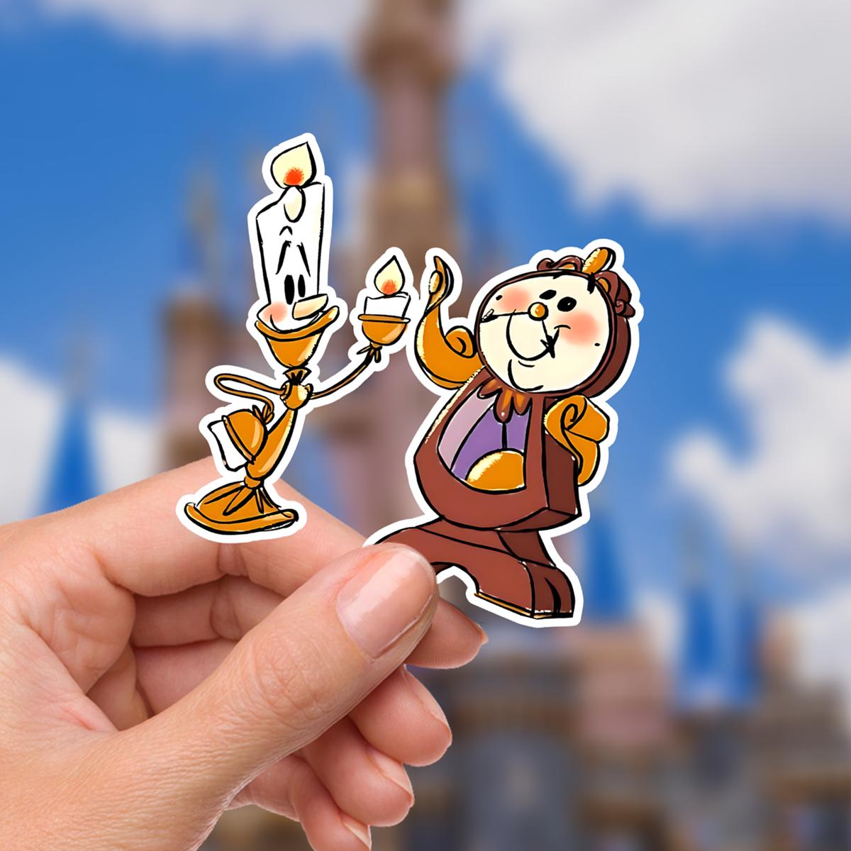 Lumier and Cogsworth Sticker, Beauty and The Beast, Waterproof Vinyl