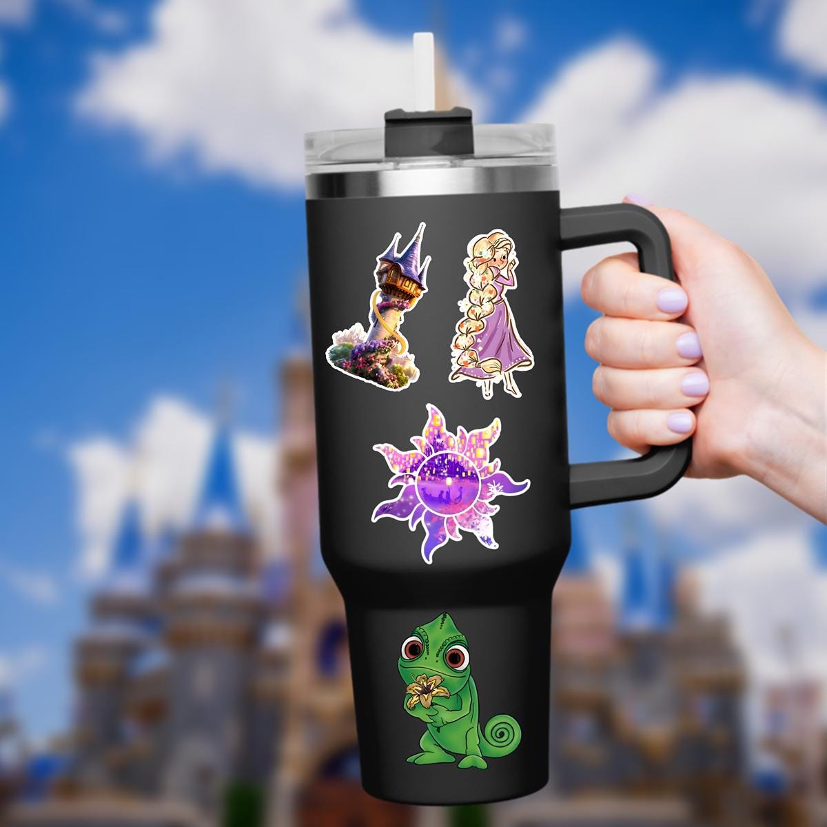 Rapunzel Tangled Lantern Sticker: Waterproof Vinyl Decal HydroFlask. Black tumbler with four colorful stickers. The stickers feature characters and elements from the movie Tangled. There's a castle, Rapunzel with long blonde hair, a sun, and a green chameleon. The tumbler has a black handle and a white straw.