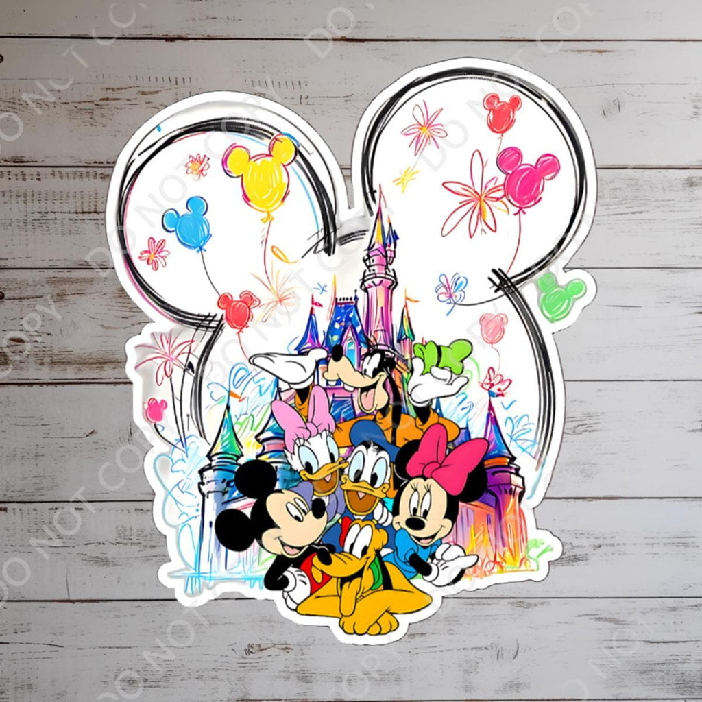Disney sticker Mickey Mouse, Minnie Mouse, Donald Duck, Daisy Duck, Goofy, and Pluto in front of a castle.