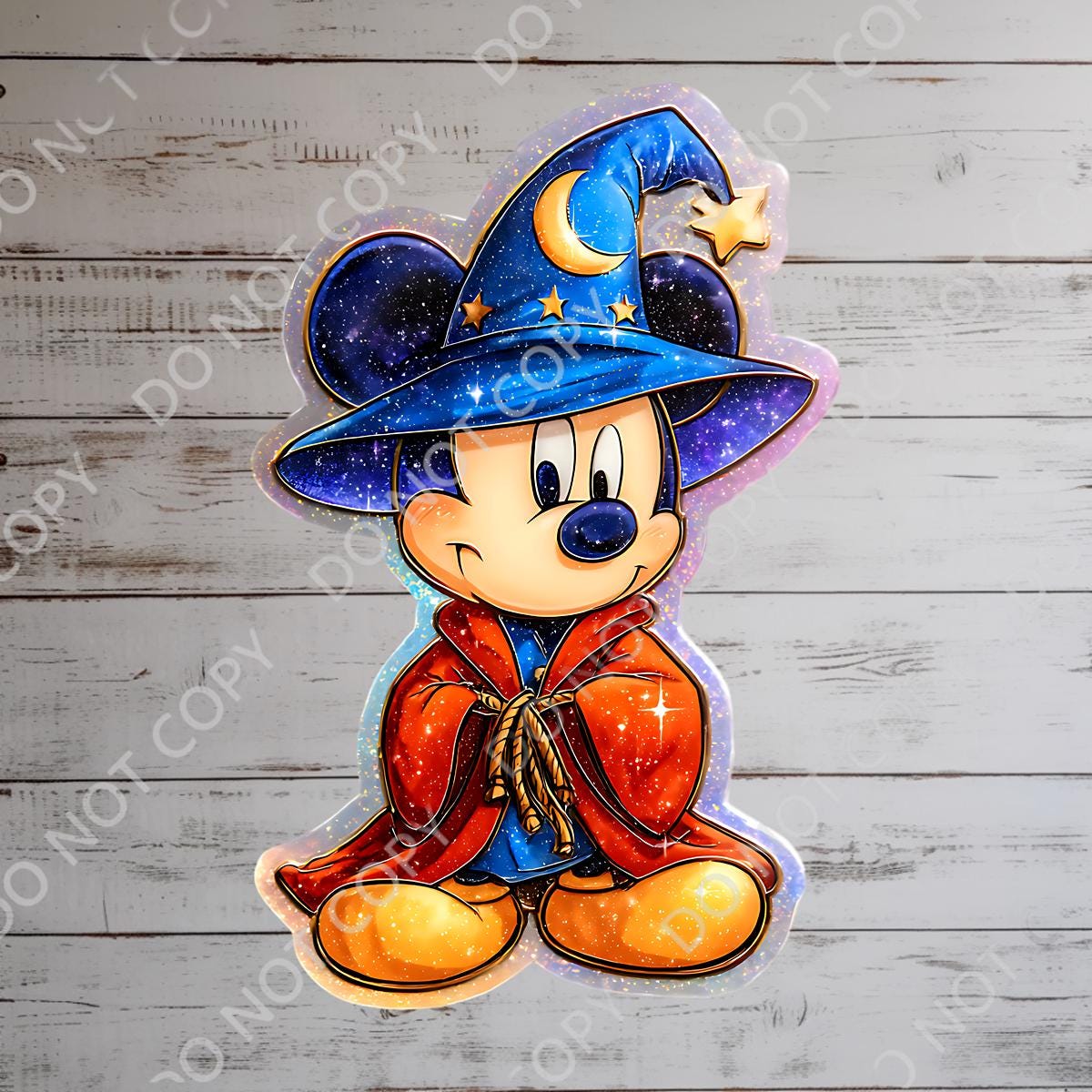 A Mickey Mouse sorcerer sticker in a wizard costume. Mickey wears a blue hat with a crescent moon and star, a red cloak, and blue shorts. The sticker has a holographic, iridescent finish, hydro bottle laptop planner decal sticker.