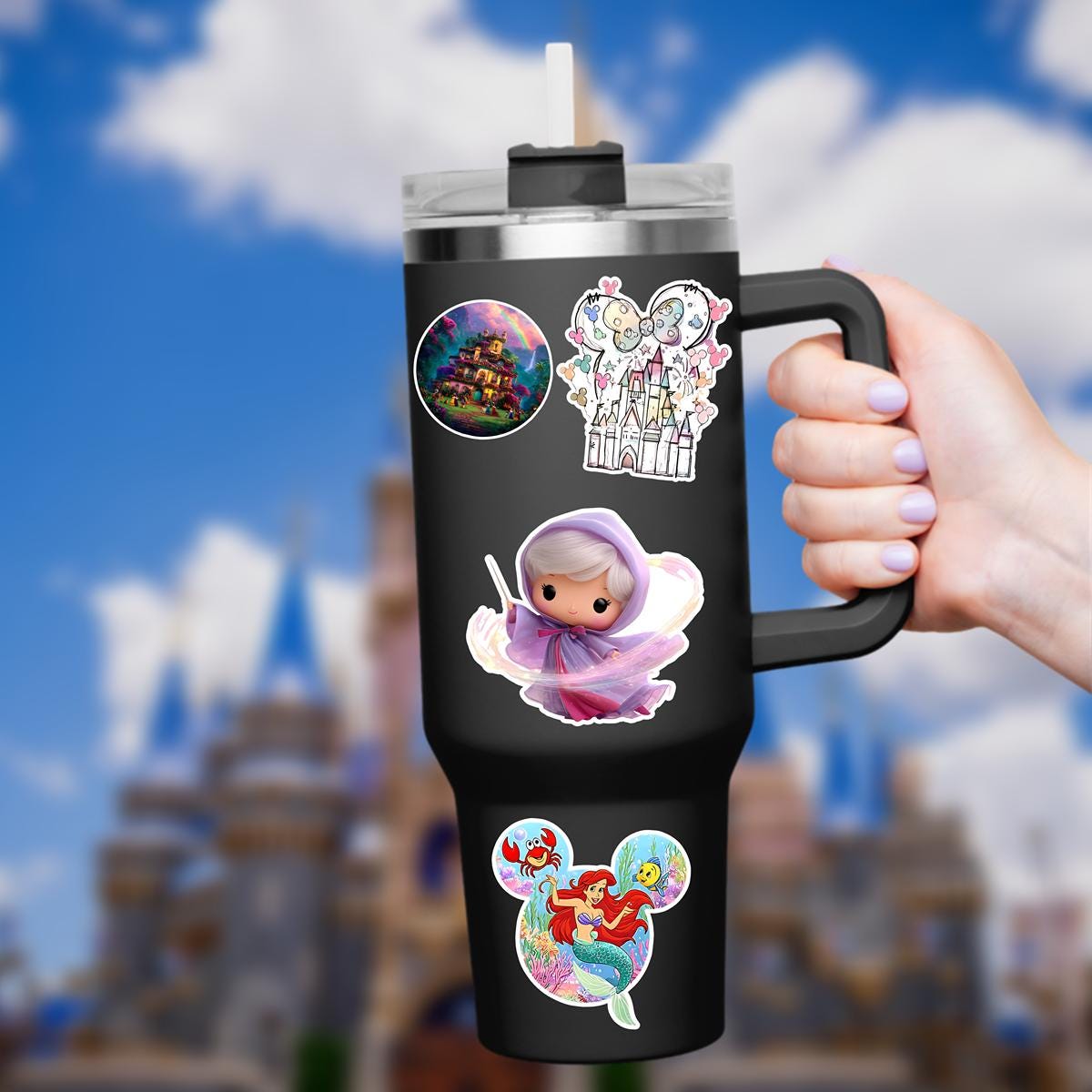 Cinderella Fairy Godmother Vinyl Sticker: Watercolor Castle, Glass Slipper, journal stickers, disney gift, disney present, junk journal