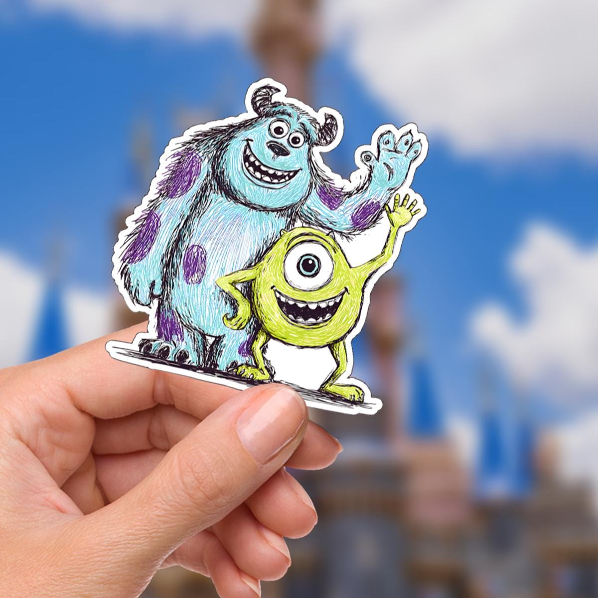 Monsters Inc. Sully and Boo , Kitty ,   World Sticker Waterproof Disney Laptop, Disneying Theme Park Vacation, Castle Park Mouse hydro bottle, disney stickers, junk journal, journal stickers