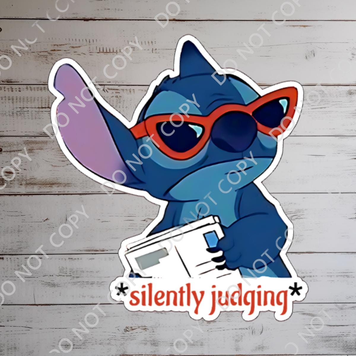 A blue Stitch sticker adult humor with red sunglasses and a newspaper. The sticker has the phrase 'silently judging' in a red, star-framed font. The background shows a blurred image of a blue sky and disney castle. Hydro bottle sticker, weather proof.