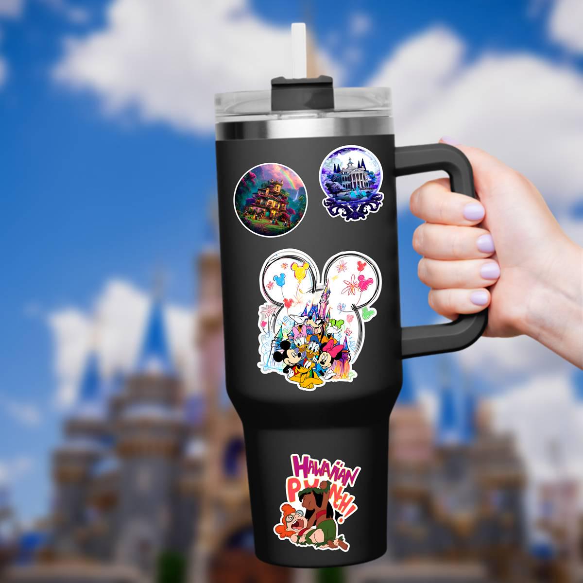 Disney sticker Mickey Mouse, Minnie Mouse, Donald Duck, Daisy Duck, Goofy, and Pluto in front of a castle.