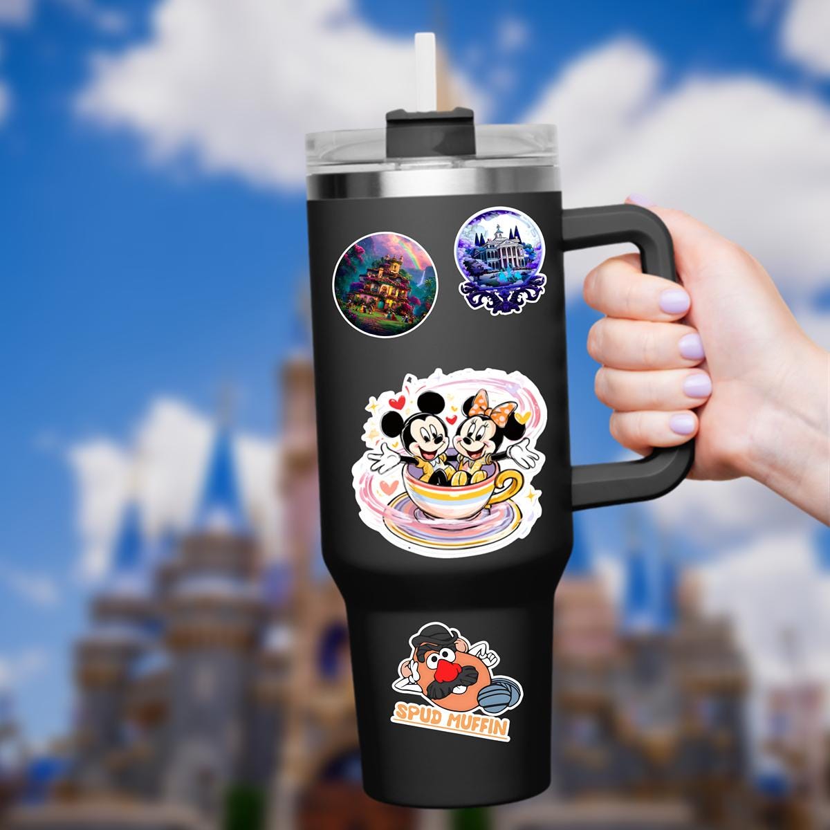 Disney Stickers Mickey and Minnie Mouse Teacups Sticker, Waterproof Vinyl