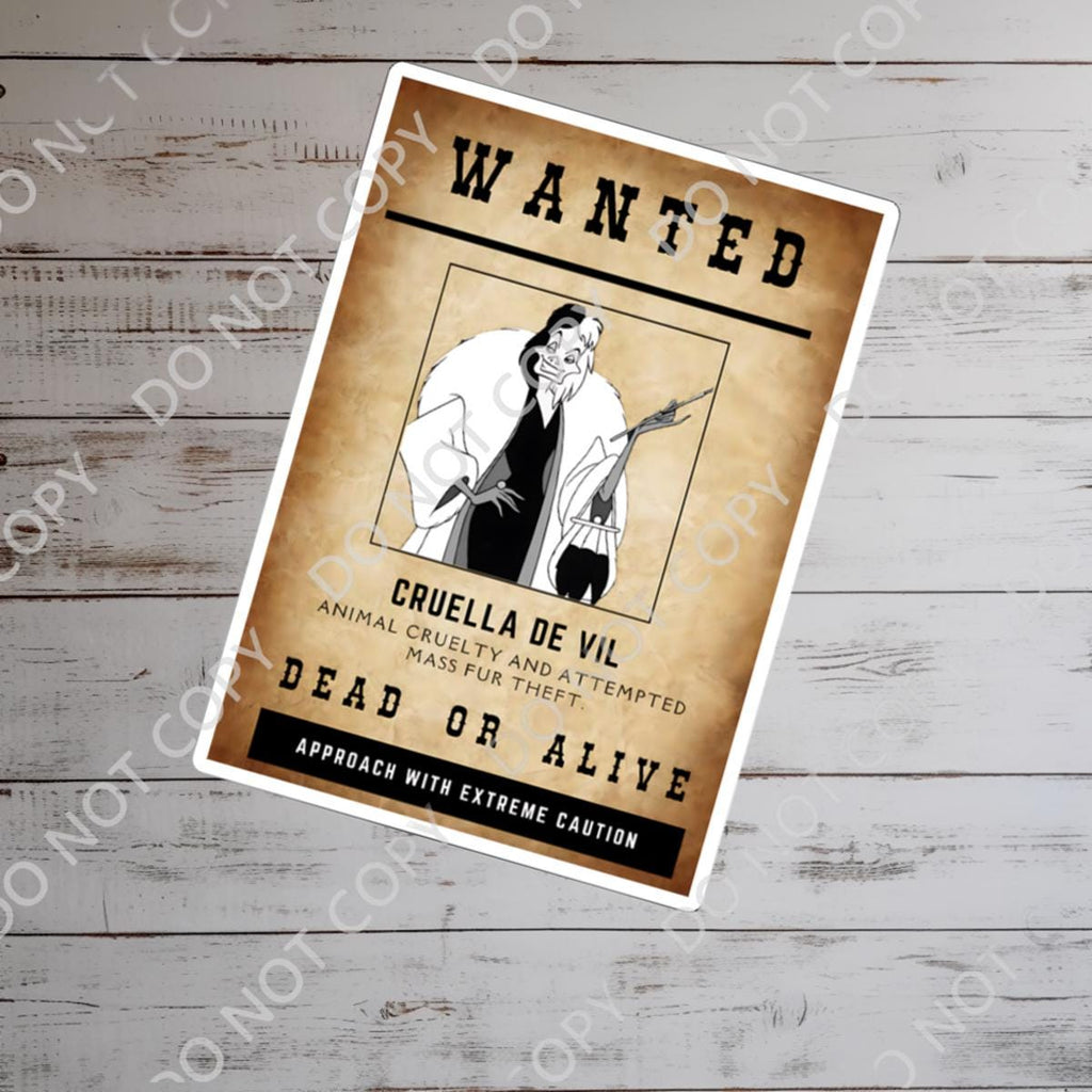 Cruella De Vil Wanted Poster Sticker, Waterproof Vinyl Decal