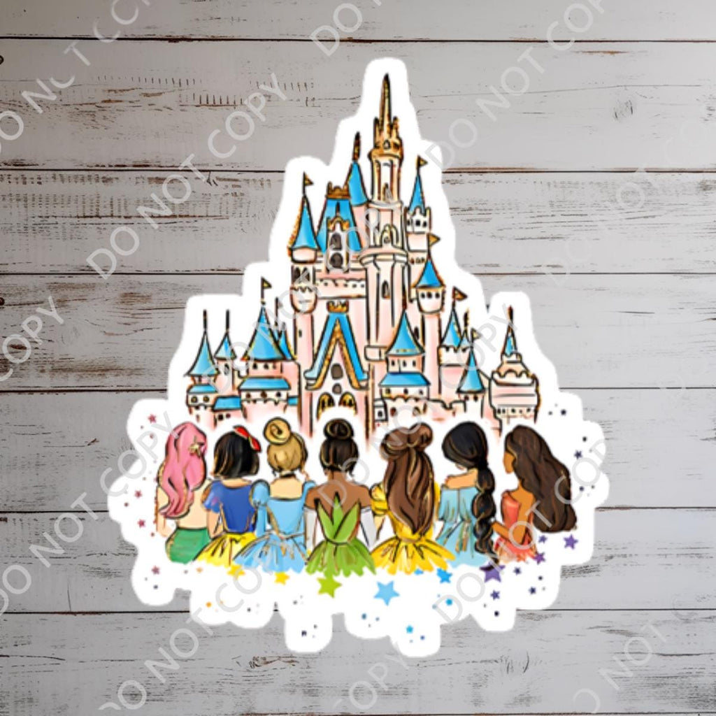 Disney Princess Castle  World Sticker Waterproof Disney Laptop, Disneying Theme Park Vacation, Castle Park Mouse featuring a whimsical illustration of a castle with blue and pink accents. In front of the castle are stylized figures of princesses with various hair colors and dress colors. The sticker has a white border with colorful star accents.