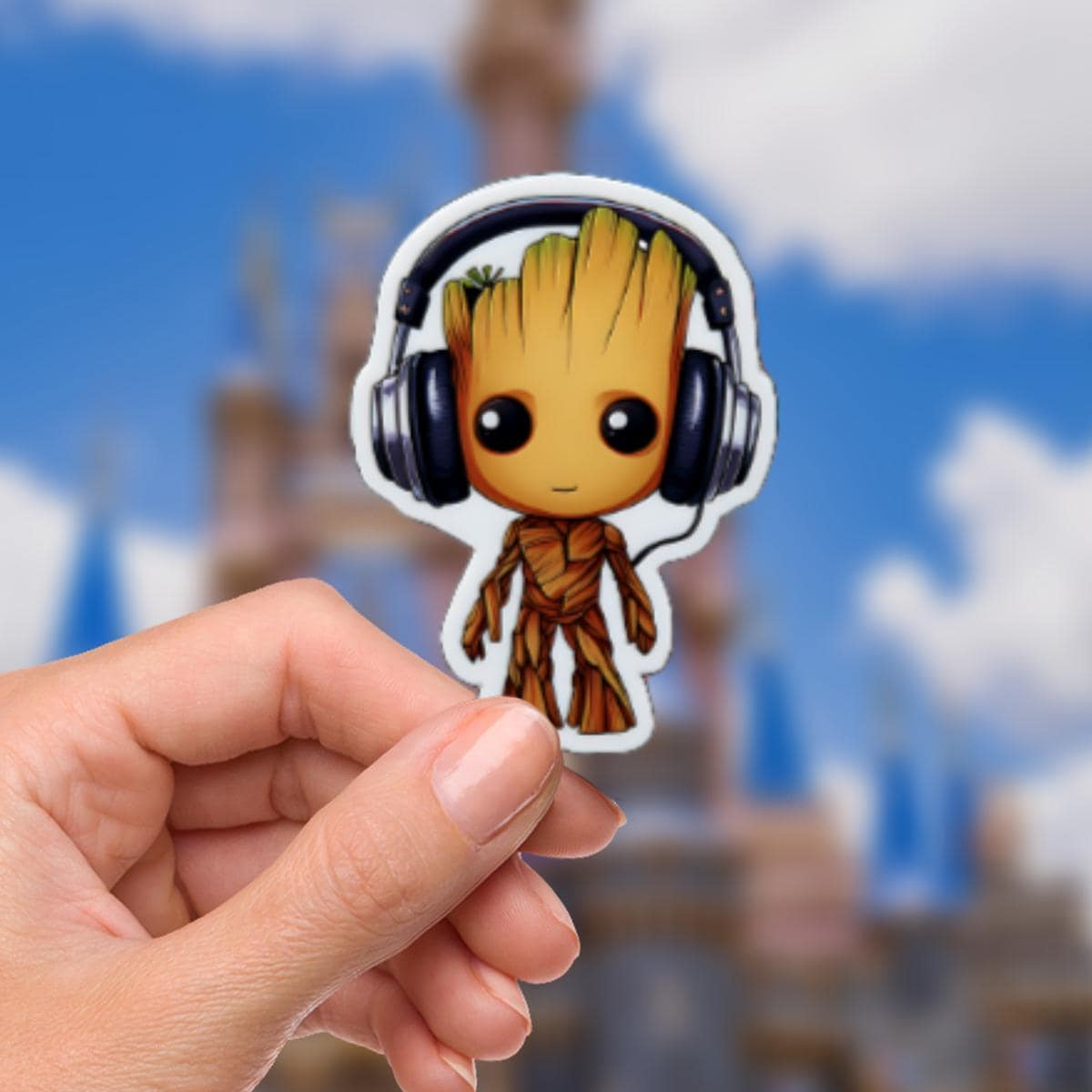 A sticker featuring Baby Groot from Guardians of the Galaxy wearing black headphones. Groot is depicted with a brown, wooden-like body and a smiling face. The background is a blurred image of a blue sky and a castle, suggesting a theme park setting.