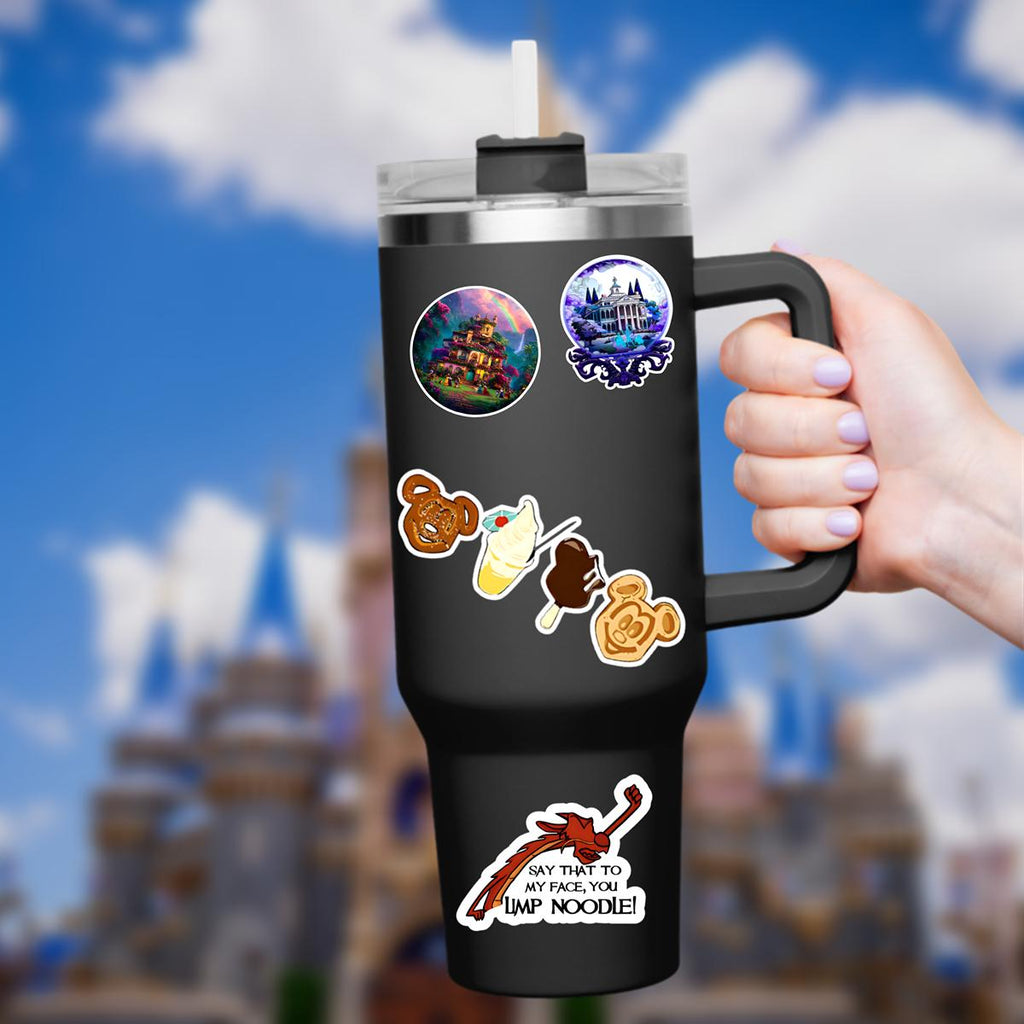 Disney Snacks, What A Wonderful World Sticker Waterproof Disney Laptop, Disneying Theme Park Vacation, Castle Park Mouse There's a Mickey Mouse pretzel, a soft-serve ice cream cone with a cherry, a chocolate-covered ice cream bar, and a Mickey Mouse waffle.