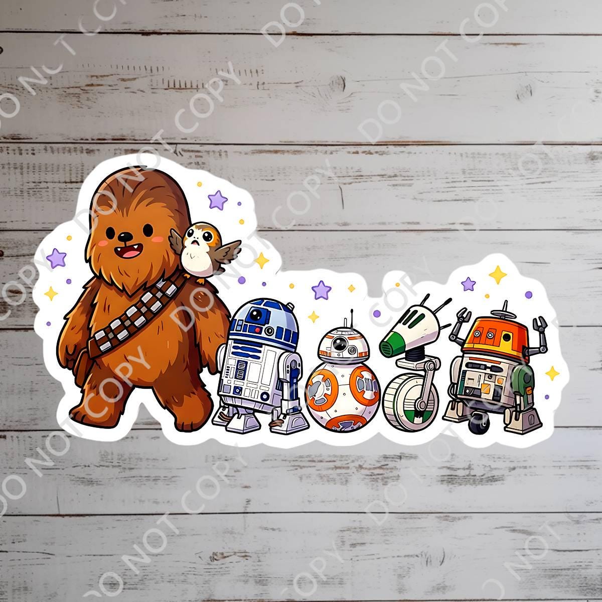 Star Wars character sticker  Chewbacca, R2-D2, BB-8, and other droids. Disney presents, disney gifts, journal stickers, junk journal, disney stickers