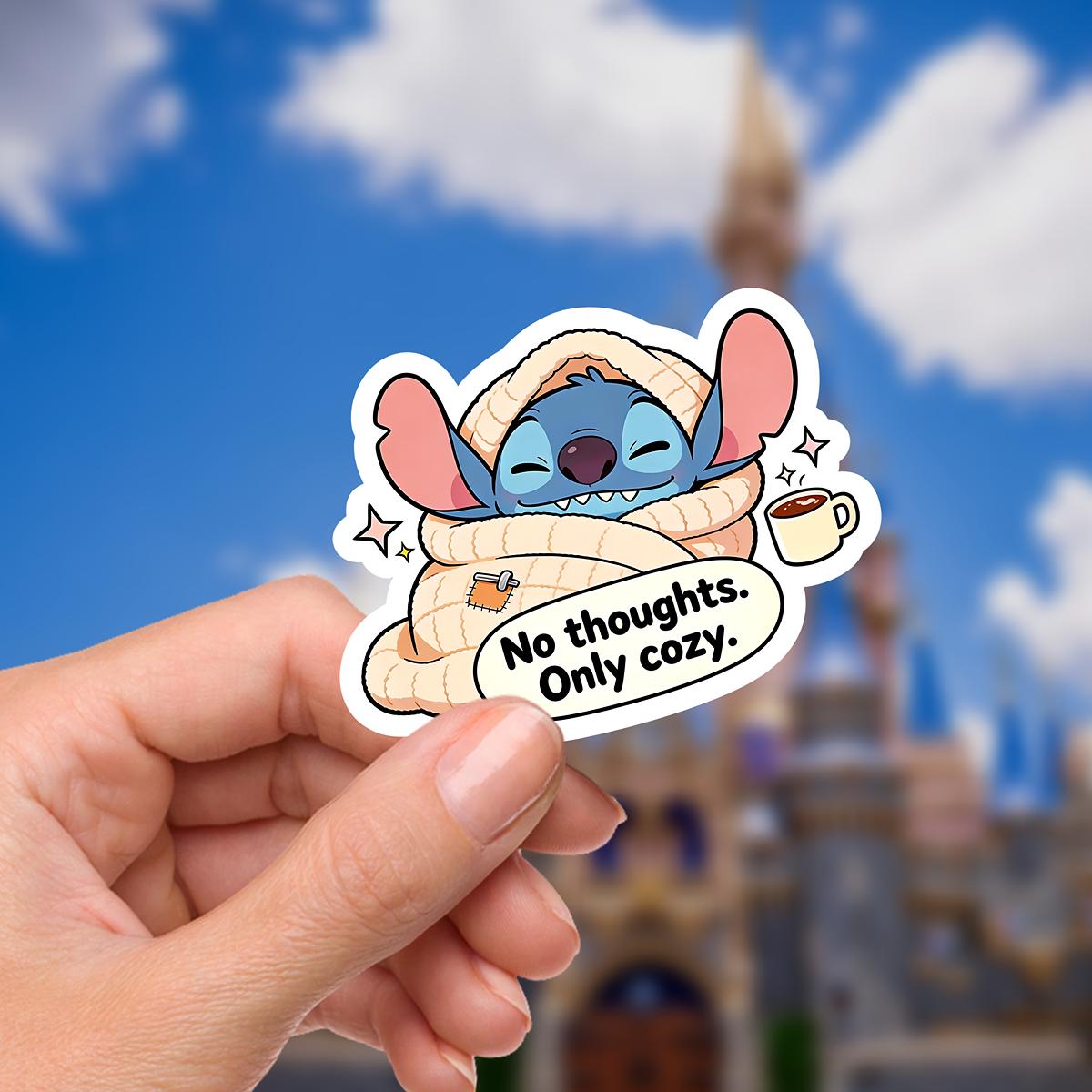 Lilo & Stitch Humor Sticker: Waterproof Vinyl Decal Hydroflask Journal .  A blue Stitch sticker adult humor with red sunglasses and a newspaper. The sticker has the phrase 'silently judging' in a red, star-framed font. The background shows a blurred image of a blue sky and disney castle. Hydro bottle sticker, weather proof.