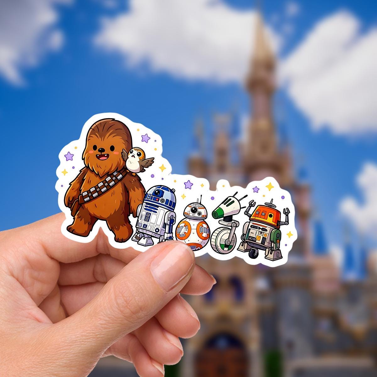 Star Wars character sticker  Chewbacca, R2-D2, BB-8, and other droids. Disney presents, disney gifts, journal stickers, junk journal, disney stickers