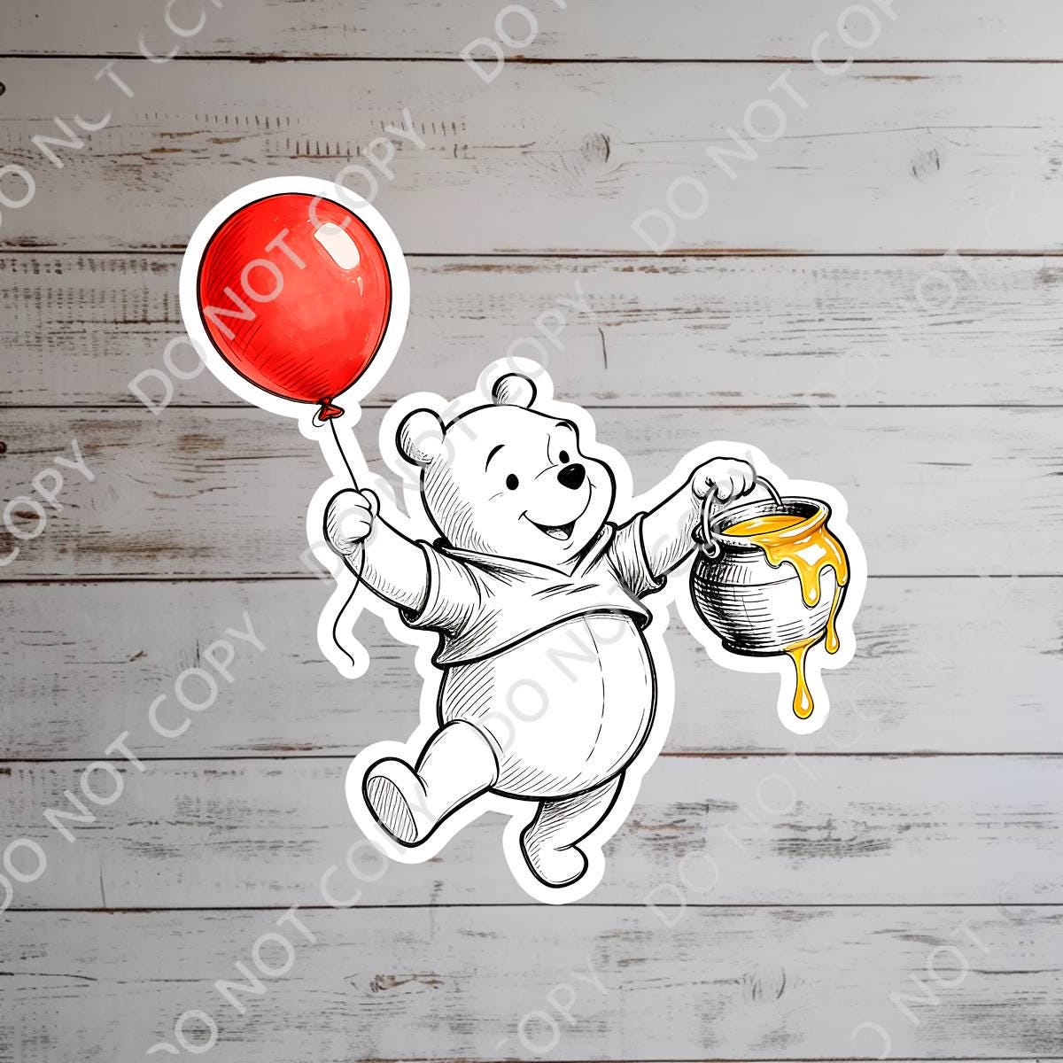 Disneyy  Winnie The Pooh Disney Laptop Sticker Positive Affirmation planner stationery decal water bottle cell.  : A sticker featuring Winnie the Pooh holding a red balloon. The bear is white with a red shirt and black outline. The balloon is a solid red circle. The background is blurred, showing a castle and blue sky with clouds. The sticker is held by a hand.